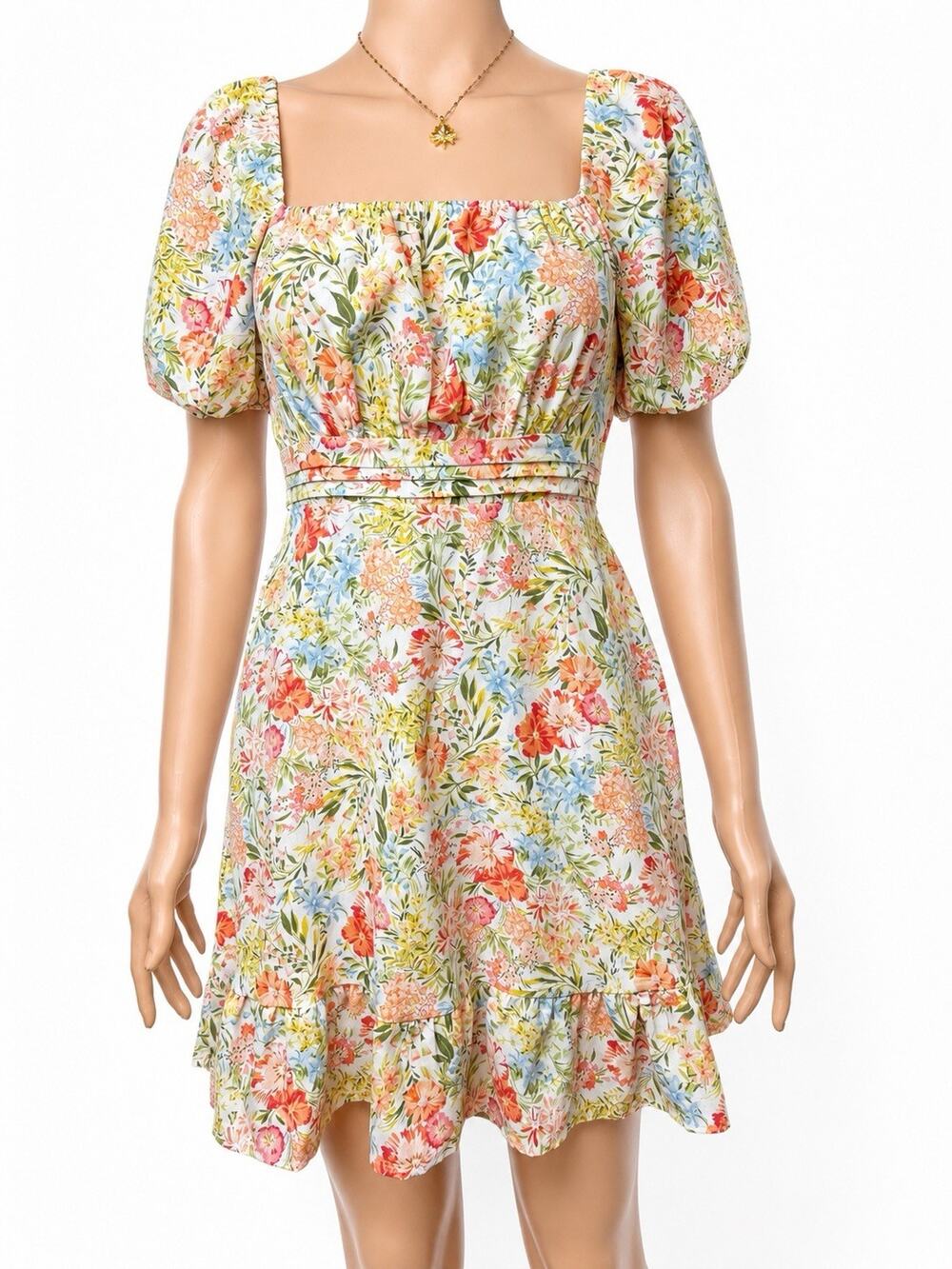 Endless Blu Floral Dress Women Small S Puff Sleeve Square Neck Cottagecore
